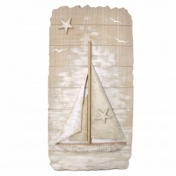 ADORNO PARED BARCO CON GAVIOTAS MADERA 40X3X80 CM.