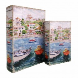 SET 2 CAJAS LIBRO BARCOS OCEANO AZUL MADERA 18X7X27 CM.