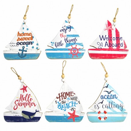 SET 6 ADORNOS PARED BARCOS FRASES VERANO, BIENVENIDA COLGANTE MADERA 15X0.90X15 CM.