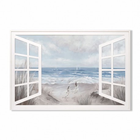 CUADRO VENTANA MIRANDO AL MAR PLAYA PINTURA 120X3X80 CM.