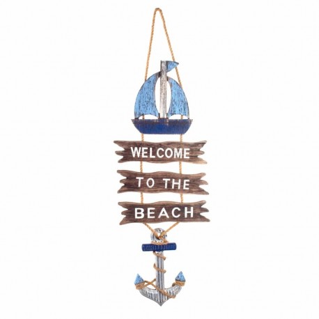 ADORNO PARED BIENVENIDO WELCOME A LA PLAYA CON BARCO Y ANCLA COLGANTE MADERA 70X25X2 CM.