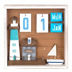 ADORNO PARED CUADRO CALENDARIO CON FARO Y BARCO MARINERO MADERA 22X3X22 CM.