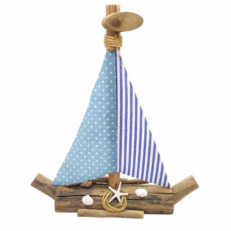 FIGURA BARCO VELERO VELA AZUL MADERA 35.50X8X41 CM.