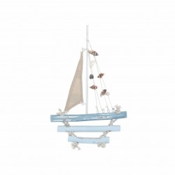 FIGURA BARCO DE VELA AZUL CON CARACOLAS Y CONCHAS MADERA Y TEXTIL 19X2.5X29 CM.