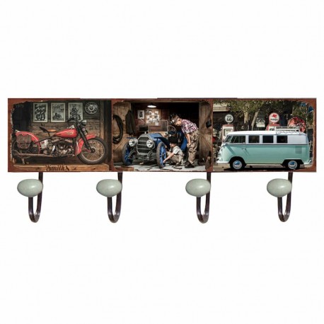 PERCHA PARED 4 POMOS MOTO, COCHE, CARAVANA METAL VINTAGE 40X7X18 CM.