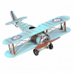 FIGURA AVIÓN BIPLANO AZUL HOJALTA Y RESINA RETRO 18X20X8 CM.
