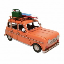 FIGURA COCHE CON TABLA SURF Y MALETA HOJALATA Y RESINA RETRO NARANJA 17X7.50X10 CM.