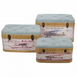 SET 3 BAÚLES CAJAS TABURETE AVIÓN VIAJAR MUNDO MADERA Y PVC 69X43X41 CM.