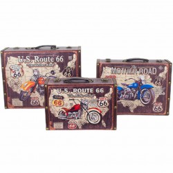 SET 3 MALETAS MOTOS RUTA 66 MADERA RETRO 40X14.50X30 CM.