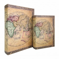 SET 2 CAJAS LIBRO MAPA DEL MUNDO MADERA 21X7X30 CM.