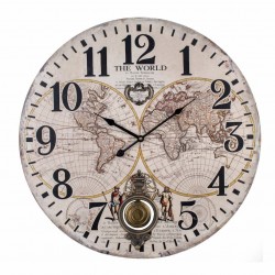 RELOJ PARED MAPA DEL MUNDO MAPAMUNDI CON PÉNDULO MADERA 58X4X58 CM.
