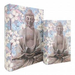 SET 2 CAJAS LIBRO BUDA SENTADO CON FLORES ORIENTAL MADERA 18X7X27 CM.