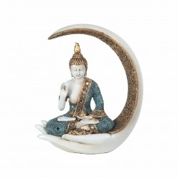 FIGURA BUDA SENTADO SOBRE UNA MANO EN FORMA DE LUNA RESINA ORIENTAL 23.5X8X27 CM.