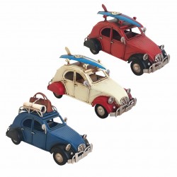 SET 3 FIGURAS COCHE VIAJE Y SURF METAL VINTAGE 16X7.5X9 CM.