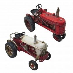 SET 2 FIGURAS TRACTOR ROJO Y BLANCO METAL RETRO 16X10X10 CM.