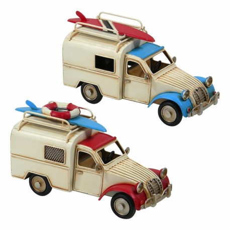 SET 2 FIGURAS FURGONETA CON TABLA SURF RETRO METAL 22X8.5X11 CM.