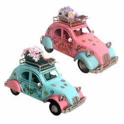 SET 2 FIGURAS COCHE FLORES HIPPIE CON CESTA DE FLORES RETRO METAL 26X11X14.50 CM.