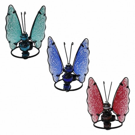 SET 3 PORTAVELAS MARIPOSAS METAL Y CRISTAL 12X11X12 CM.