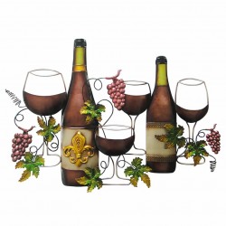 ADORNO PLACA PARED VINO BOTELLAS CON COPAS METAL 70X3.75X50 CM.