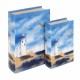 SET 2 CAJAS LIBRO FARO CON GAVIOTAS AZUL MADERA 18X7X27 CM.
