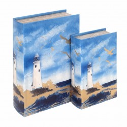 SET 2 CAJAS LIBRO FARO CON GAVIOTAS AZUL MADERA 18X7X27 CM.