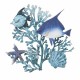 APLIQUE ADORNO PARED PECES CON CORAL Y ESTRELLA DE MAR AZUL METAL 48X3X48 CM.
