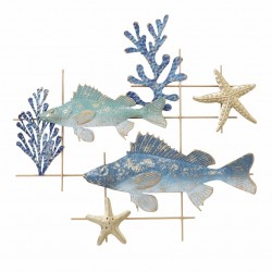 ADORNO PLACA PARED PECES CON CORAL Y ESTRELLAS DE MAR METAL 56X4X55 CM.