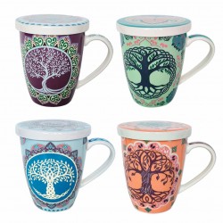 SET 4 TAZAS MUGS ÁRBOL DE LA VIDA CON FILTRO EN CAJA DE REGALO PORCELANA 12X9.50X11.50 CM.