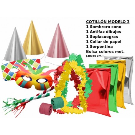 LOTE 10 BOLSAS DE COTILLONES SOMBRERO CONO ECO BOLSA METALIZADA 30X40 CM.