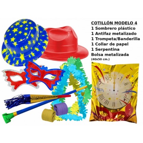 LOTE 10 BOLSAS DE COTILLONES SOMBRERO BOLSA METALIZADA 40X50 CM.