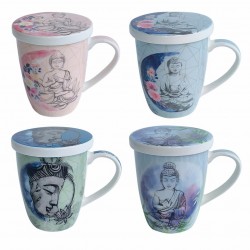 SET 4 TAZAS MUGS BUDA CON FILTRO EN CAJA DE REGALO PORCELANA 12X9.50X11.50 CM.