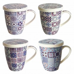 SET 4 TAZAS MUGS ESTAMPADO CON FILTRO EN CAJA DE REGALO PORCELANA 12X9.50X11.50 CM.