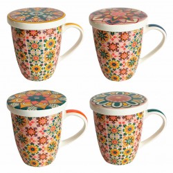 SET 4 TAZAS MUGS ESTAMPADO MULTICOLOR CON FILTRO EN CAJA DE REGALO PORCELANA 12X9.50X11.50 CM.