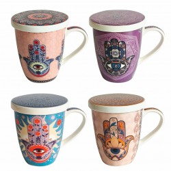 SET 4 TAZAS MUGS ESTAMPADO MULTICOLOR CON FILTRO EN CAJA DE REGALO PORCELANA 12X9.50X11.50 CM.