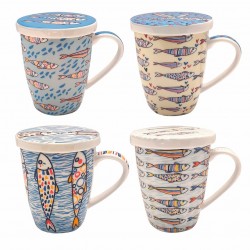 SET 4 TAZAS MUGS ESTAMPADO PECES CON FILTRO EN CAJA DE REGALO PORCELANA 12X9.50X11.50 CM.