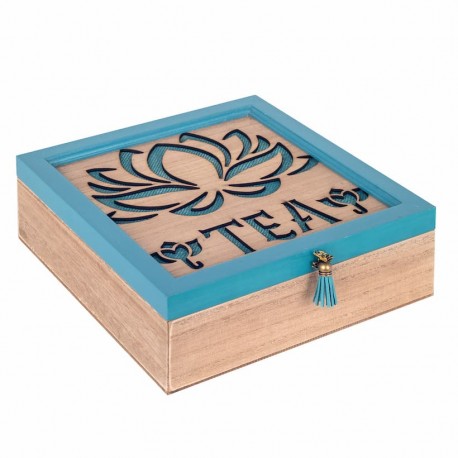 CAJA CON 9 DIVISIONES TÉ E INFUSIONES FLOR DE LOTO ORIENTAL MADERA 24X24X8 CM.