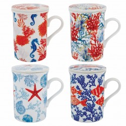 SET 4 TAZAS MUGS CORALES, ESTRELLAS DE MAR, CABALLITOS DE MAR Y PECES EN CAJA DE REGALO PORCELANA 11X8X11 CM.