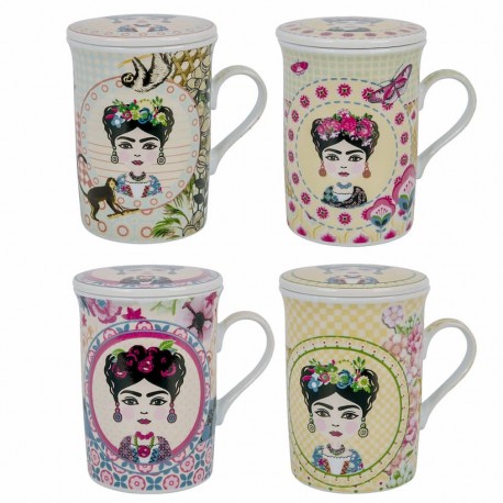 SET 4 TAZAS MUGS FRIDA KAHLO EN CAJA DE REGALO PORCELANA 11X8X11 CM.