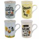 SET 4 TAZAS MUGS FRASES EN CAJA DE REGALO PORCELANA 11X8X11 CM.