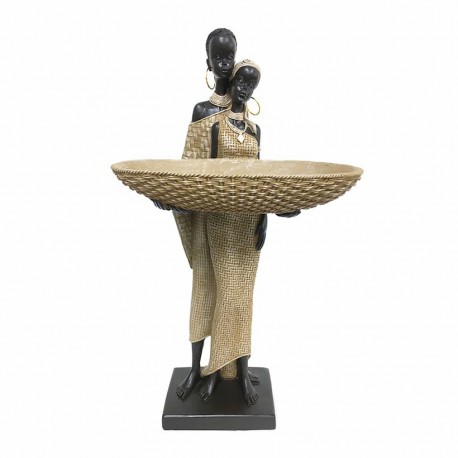 FIGURA PAREJA MUJER Y HOMBRE AFRICANOS CON CESTA RESINA 20X12X36.50 CM.