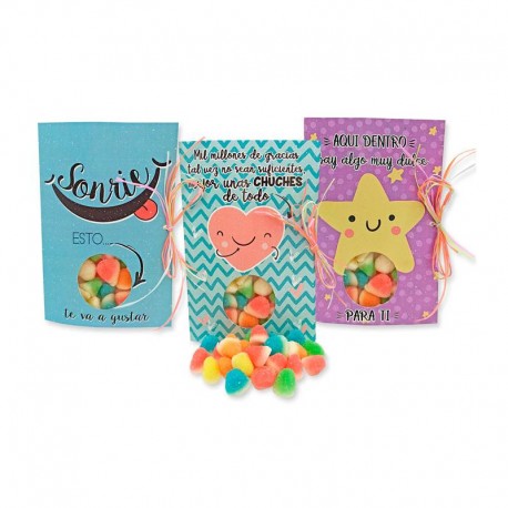 LOTE 6 TARJETAS CON CHUCHES FRASES DIVERTIDAS 40 GR. 15X10 CM.