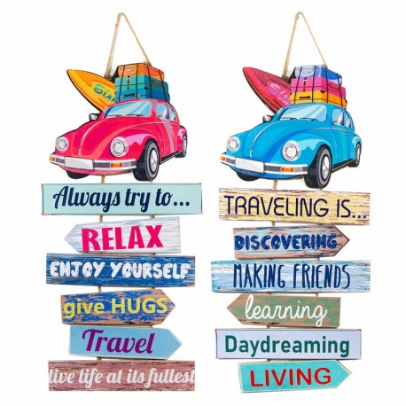 SET 2 ADORNOS PARED COCHES CON TABLA DE SURF FRASE ORIGINAL MADERA 30X1X61 CM.