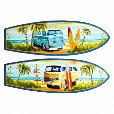 SET 2 ADORNOS PARED TABLA SURF FURGONETA EN LA PLAYA CON TABLAS DE SURF MADERA 60X0.90X20 CM.