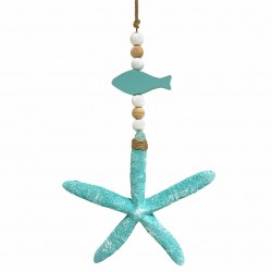 ADORNO COLGANTE ESTRELLA DE MAR CON PEZ AZUL TURQUESA RESINA 18X2.5X40 CM.