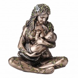 FIGURA DIOSA GAIA DIOSA MADRE TIERRA CON BEBÉ RESINA BRONCE 9.50X6X11 CM.