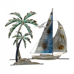 ADORNO PARED BARCO VELERO CON PALMERA MARINERO METAL 75X3X66 CM.