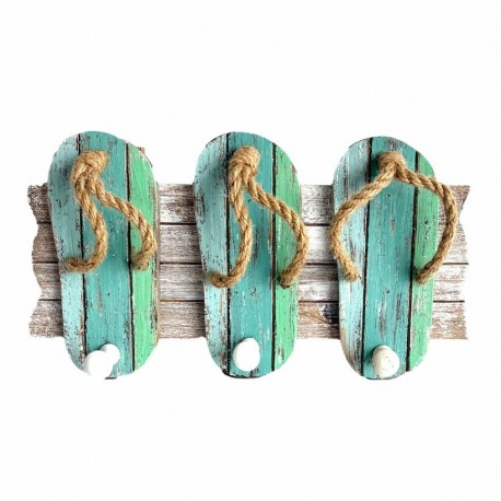 PERCHA CHANCLAS 3 POMOS MADERA ABETO TURQUESA 31X6X15.50 CM.