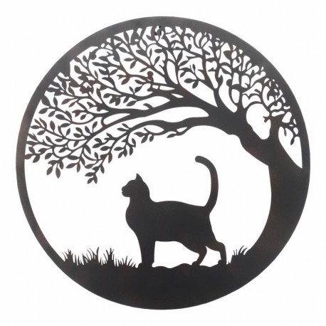 APLIQUE ADORNO PARED ÁRBOL DE LA VIDA CON GATO METAL 60X2X60 CM.