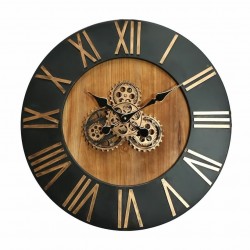 RELOJ PARED MAQUINARIA CON NÚMEROS ROMANOS INDUSTRIAL METAL Y MADERA 65X9X65 CM.