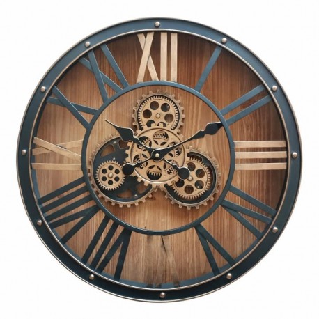 RELOJ PARED MAQUINARIA CON NÚMEROS ROMANOS INDUSTRIAL METAL Y MADERA 50X9.5X50 CM.
